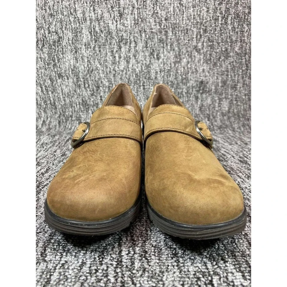 Dansko Clio Wedge Loafers Women 7.5-8 Mushroom Brown Nubuck Leather Buckle Clogs